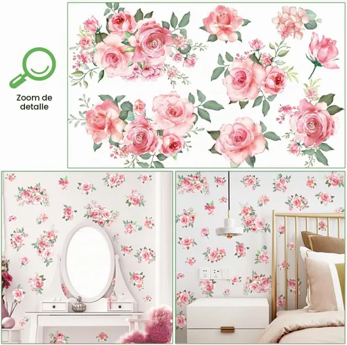 Vista 3 de Calcomanías de pared de flores rosas y hojas verdes, calcomanías de pared extraíbles para jardín para dormitorio y sala de estar