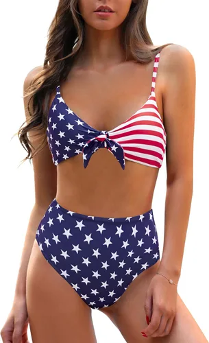 Vista 10 de Blooming Jelly - Conjunto de bikini de cintura alta para mujer, de dos piezas, con nudo, trajes de baño de talle alto Bandera americana A9