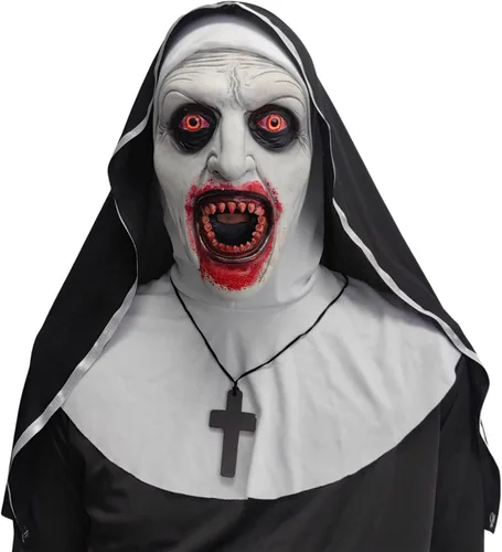 Vista 8 de Nueva máscara de monja 2023 - Máscaras aterradoras de Halloween para adultos con dijes de cruz B