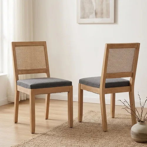 Vista 27 de French Country Dining Chairs Set of 2, Linen Upholstered Cane Back, Amber Soft linen upholstered seat with thick foam padding provides comfortable