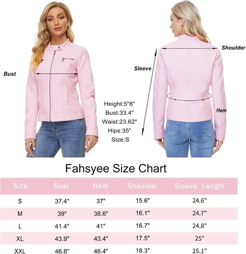 Vista 7 de Fahsyee Chaquetas de cuero con cremallera para mujer, abrigo de motociclista de poliuretano sintético