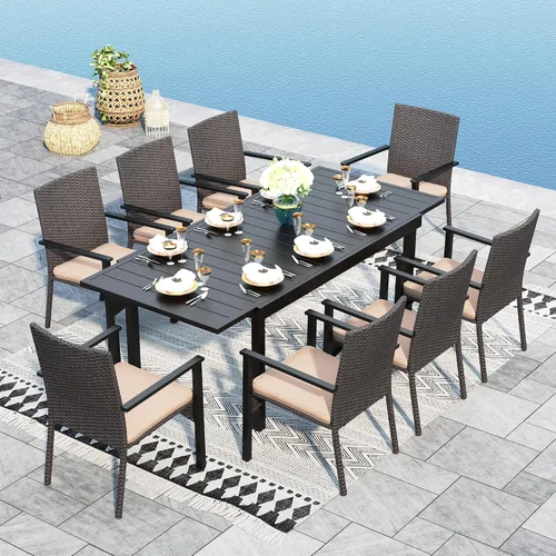 Vista 9 de Sophia & William Juego de comedor de patio de 9 piezas para 8, mesa al aire libre y sillas de ratán, mesa rectangular extragrande de 83 pulgadas