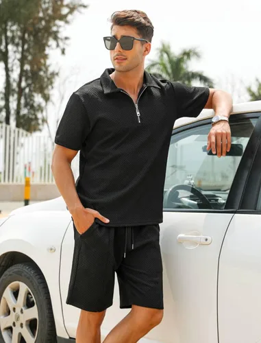 Vista 3 de EISHOPEER Conjunto de camisa polo y pantalón corto para hombre, trajes de verano a la moda con cremallera para hombre, manga corta, 2 piezas