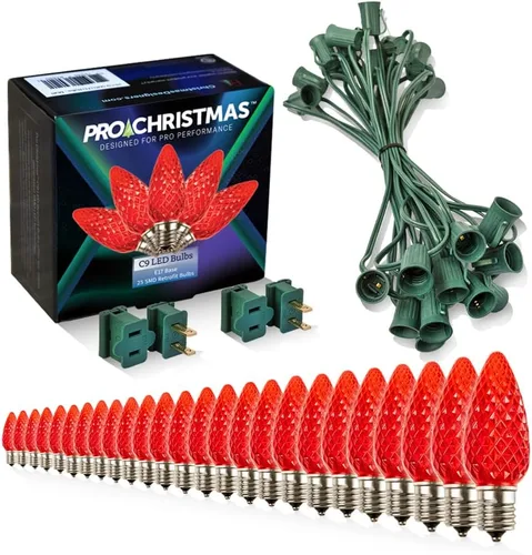 Vista 34 de Pro Christmas - Kit de luces C9 para exteriores, blanco cálido, cable verde, 50 bombillas, 50 pies