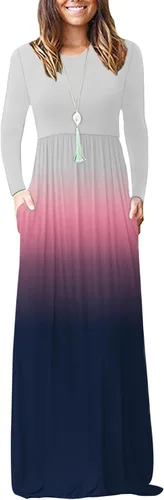 Vista 10 de Vestido de manga larga para mujer, holgado, liso, largo, estilo informal, con bolsillos. 01-verde militar