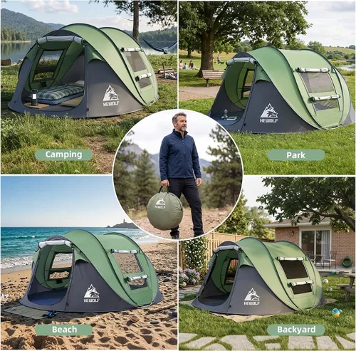 Vista 6 de Hewolf Tienda de campaña desplegable para 2/4 personas, fácil instalación instantánea, impermeable, tienda familiar automática para camping