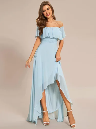 Vista 3 de Ever-Pretty Vestido formal de gasa para mujer, con hombros descubiertos, manga con volados, corte alto y bajo, para invitada de boda de verano 01736