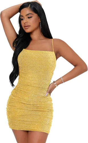 Vista 21 de Floerns Vestido Mini de Mujer con Brillo, Sin Mangas, Fruncido, para Fiesta y Discoteca, Estilo Bodycon Negro