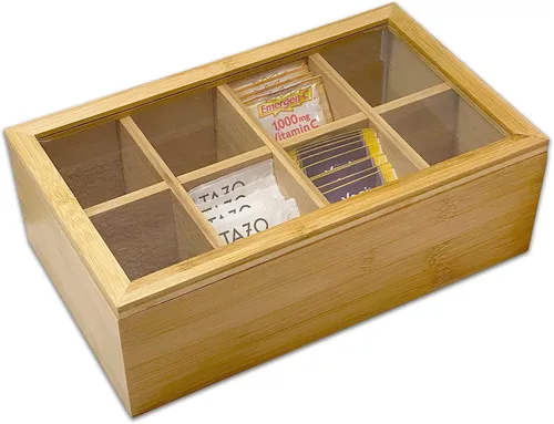 Vista 3 de Bam & Boo - Organizador de cajas de almacenamiento de especias y condimentos de bambú natural con tapa transparente (8 compartimentos)
