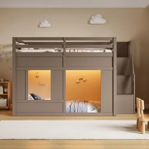 Vista 25 de Playhouse Wood Twin Size Loft Bed with Storage Staircase, Desk, Shelves