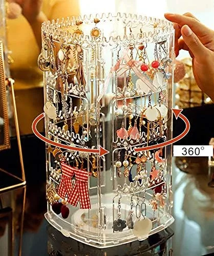Vista 5 de Cq acrylic Organizador giratorio de 360 aretes, 11.4 pulgadas de alto, 4 niveles de acrílico transparente, soporte de exhibición para aretes, 160