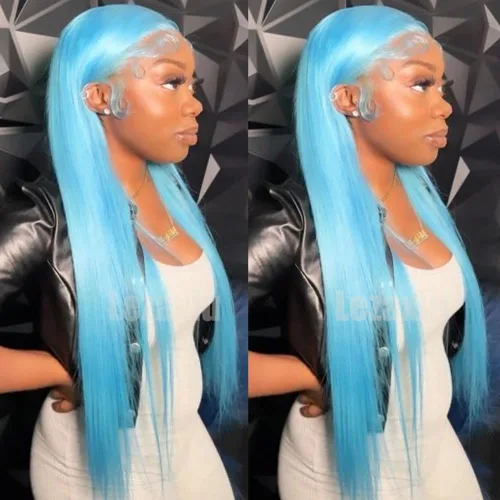 Vista 9 de Pelucas de encaje frontal color azul con encaje frontal, peluca para usar y llevar, sin pegamento, pelucas de cabello largo y lacio, pelucas