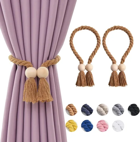 Vista 39 de NICEEC 2 Pack de Alzapaños Magnéticos de Madera en Forma de Cubo Boho para Decoración del Hogar, Alzapaños de Lino Tejidos a Mano para Cortinas Beige