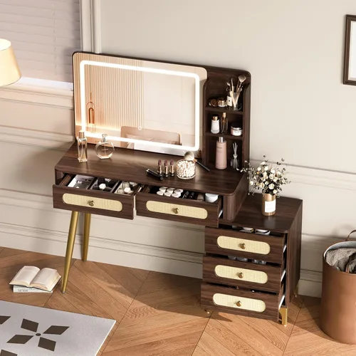 Vista 3 de Mesa de tocador de maquillaje vintage de 47 pulgadas con espejo y luces, nogal oscuro con luz de atenuación de 3 colores, 5 cajones, 3 estantes