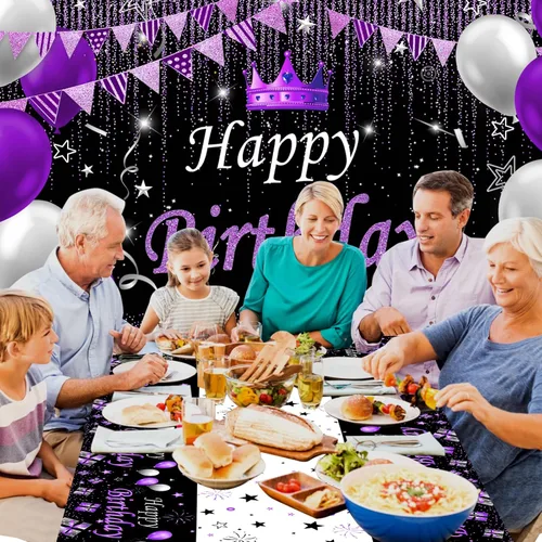 Vista 7 de Decoraciones de fiesta moradas y negras para mujeres, decoraciones de cumpleaños moradas para niñas y hombres con mantel de fondo de feliz