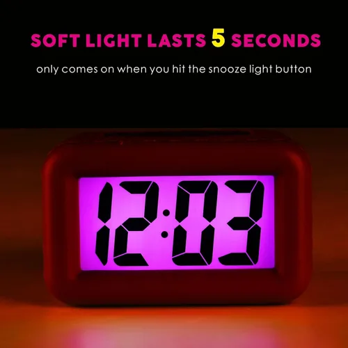 Vista 3 de Plumeet Reloj despertador digital para niños con repetición y retroiluminación - Reloj de viaje simple pantalla LCD grande - Reloj despertador