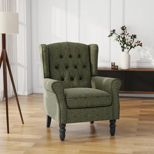 Vista 32 de High Back Accent Chair, Fabric Upholstered Armchair Wingback Chair for Living Room, Comfy Bedroom Reading Seat with Solid Wood Legs, Beige