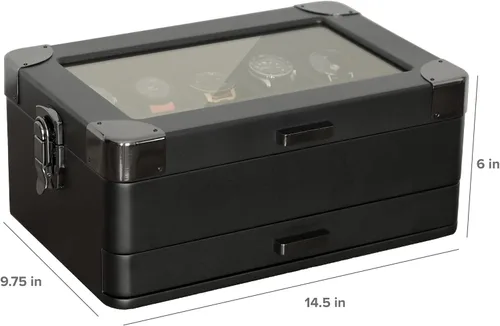 Vista 15 de CASE ELEGANCE Caja organizadora militar de 10 ranuras para reloj, para hombres, parte superior de cristal real, bandeja modular de valet, compatible