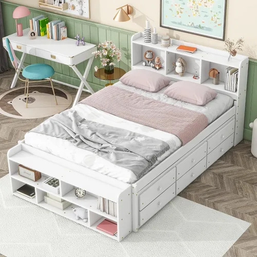 Vista 4 de HomSof Cama matrimonial con cabecero de estantería, cajones de almacenamiento debajo de la cama y estuche de almacenamiento en el extremo