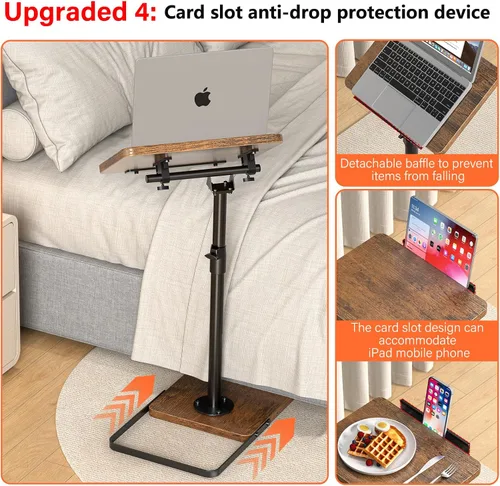 Vista 5 de Mesa de TV para sofá, altura ajustable/giro de 360°/diseño de panel abatible de 180°, mesa auxiliar lateral en forma de C, mesa lateral para brazo