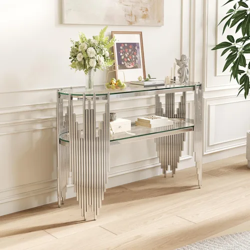 Vista 12 de Mesa auxiliar redonda de vidrio de 20 pulgadas, mesa auxiliar circular dorada de 2 niveles con patas de acero inoxidable y vidrio templado negro