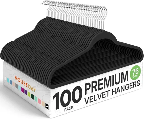Vista 13 de HOUSE DAY - Paquete de 50 perchas de terciopelo premium, perchas antideslizantes de fieltro aterciopelado, perchas resistentes para ropa con gancho