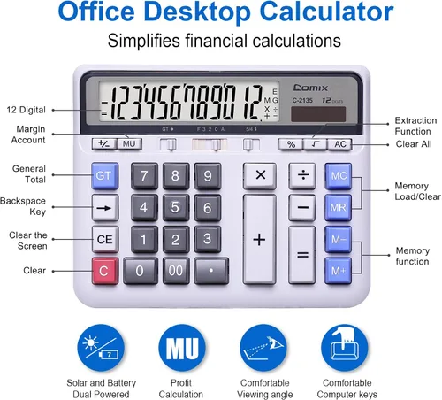 Vista 2 de Comix Calculadora de Escritorio Solar con Batería de Doble Alimentación con Pantalla LCD Grande de 12 Dígitos y Teclas de Computadora Grandes