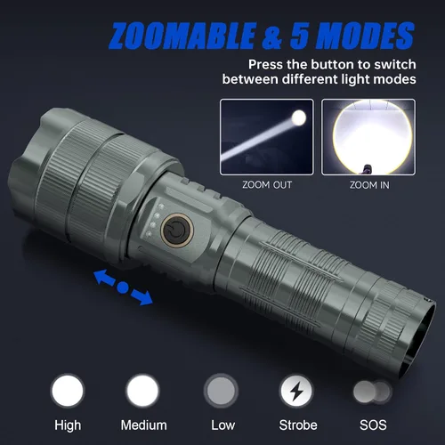 Vista 2 de Linternas de alto lúmenes 990000 LED recargable linterna táctica Zoomable 3 modos de carga rápida IPX6 impermeable linterna de mano súper brillante