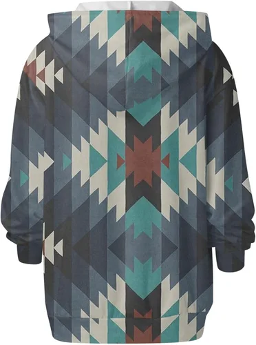 Vista 5 de Sudaderas con capucha estilo étnico azteca occidental para mujer, estilo casual, folk, manga larga, con bolsillo