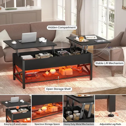 Vista 4 de Aheaplus Mesa de Centro Elevable Negra con Luz LED, Tomas de Corriente y Estante de Almacenamiento, 41.7"An x 19.69"L x 19.7"Al