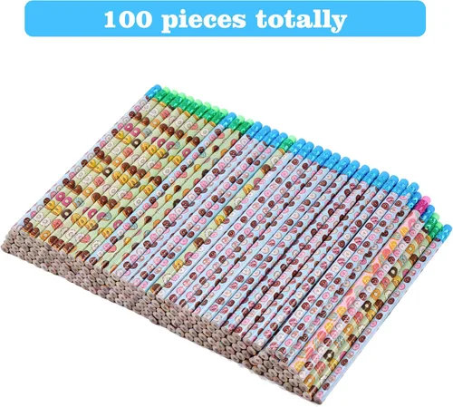 Vista 2 de 100 lápices temáticos de dona, lápices de madera cilíndrica con varios elementos de rosquilla, 4 estilos, surtidos para estudiantes, lápices