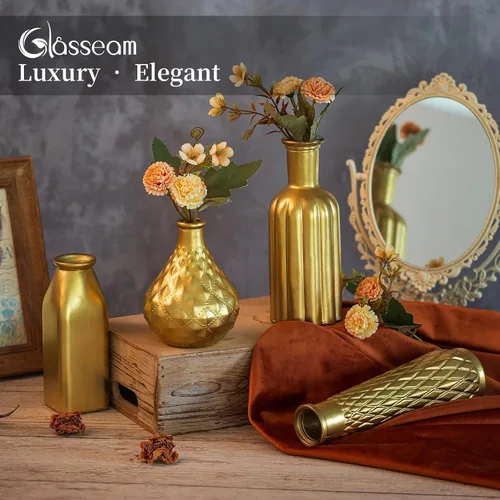 Vista 2 de Glasseam - Jarrón dorado de vidrio para flores: pequeños jarrones de vidrio para centros de mesa de la sala de estar y la mesa de la cocina, 4