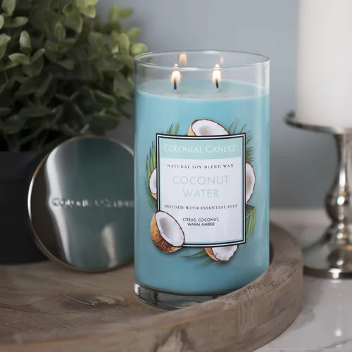 Vista 5 de Colonial Candle - Vela perfumada de frasco con aroma a agua de coco, colección clásica de cilindros, 2 mechas, azul, 19 onzas - hasta 120 horas