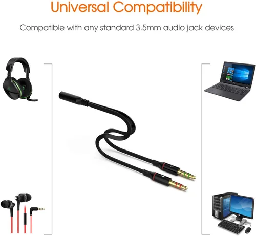 Vista 6 de Maeline Adaptador de auriculares para computadora de 0.138 in hembra a 2 doble cable divisor de audio macho de 0.138 in, micrófono, conector