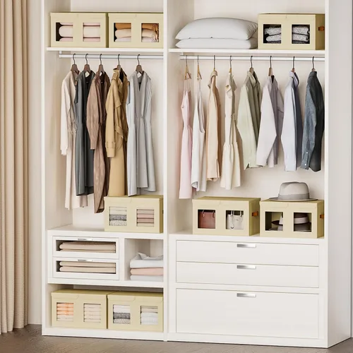 Vista 6 de Homsorout Contenedores grandes de almacenamiento para armario, organizador de ropa plegable dividido con tapas y doble ventana, contenedores Beige