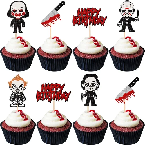 Vista 16 de 1 pieza de decoración de pastel de cumpleaños con purpurina montada con purpurina clásica de Halloween para torta de terror sangrienta temática