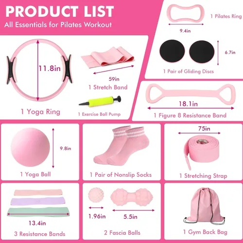 Vista 7 de Pilates Equipment Kit for Women, Pink Ring Ball Bands, Home Workouts 15 piezas