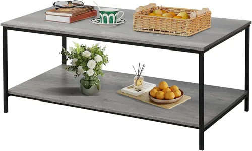 Vista 15 de SENIG Mesa de café pequeña rectangular marrón de madera y metal con estante de almacenamiento para salas de estar pequeñas