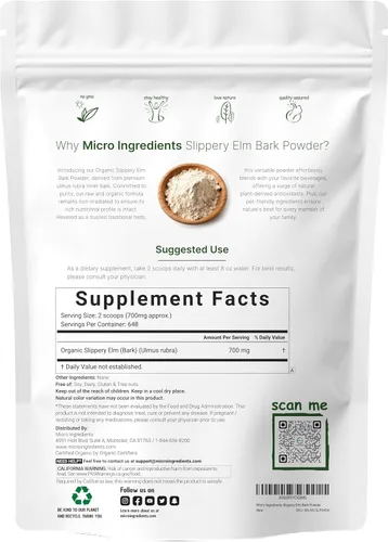 Vista 2 de Micro Ingredients Polvo de corteza de olmo resbaladizo orgánico cultivado en Estados Unidos, 1 libra (648 porciones), ayuda a calmar la garganta