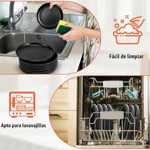 Vista 10 de Jeffbaubl 6 platos de cerámica, 5.9 pulgadas, negro, redondos Negro-6 piezas