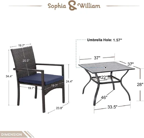 Vista 9 de Sophia & William Juego de comedor de 6 piezas para exteriores con 4 sillas de ratán, 1 mesa de metal y 1 sombrilla de inclinación automática de 3