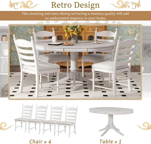 Vista 6 de Merax Juego de mesa de comedor, juego de mesa de comedor funcional retro de 5 piezas, mesa de comedor redonda extensible de madera y 4 sillas