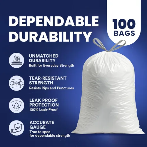 Vista 10 de Plasticplace Bolsas de basura de 5 galones – Forro blanco para bolsas de basura con cordón, 19 x 25 pulgadas (100 unidades) – Duraderas, a prueba