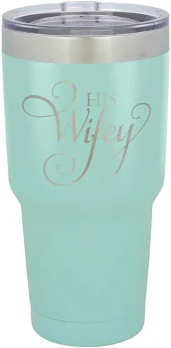 Vista 16 de Taza de viaje de acero con recubrimiento de polvo grabado con láser, con grabado «HIS WIFEY» de 325 ml, sin BPA, para mantener tu bebida fría