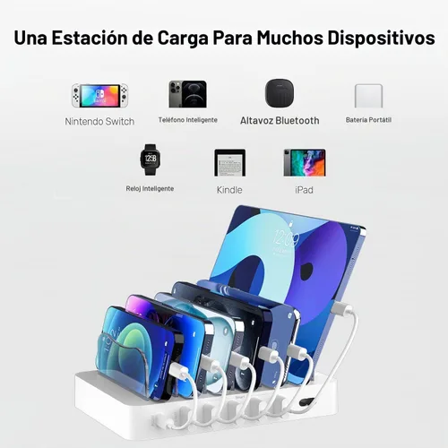 Vista 6 de Estación de carga para múltiples dispositivos, 68 W, 6 puertos, 20 W, cargador rápido de teléfono con 6 cables, compatible con Apple celular, iPad