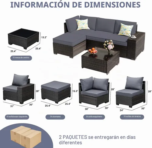 Vista 2 de JOYURE Juego de muebles de patio de 5 piezas, sofá de exterior con cojines impermeables, sofá de patio en forma de L de ratán y mesa auxiliar Gris
