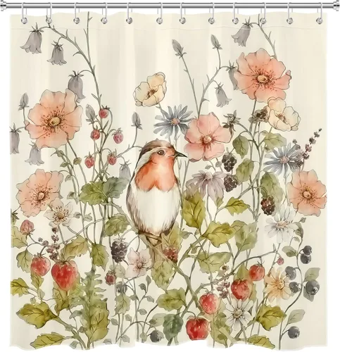 Vista 5 de Floral Shower Curtain Watercolor Flower Plant Leaves Strawberry on Beige Shower Curtains Aesthetic Botanical Birds Bathroom Curtain 60x70 Inch
