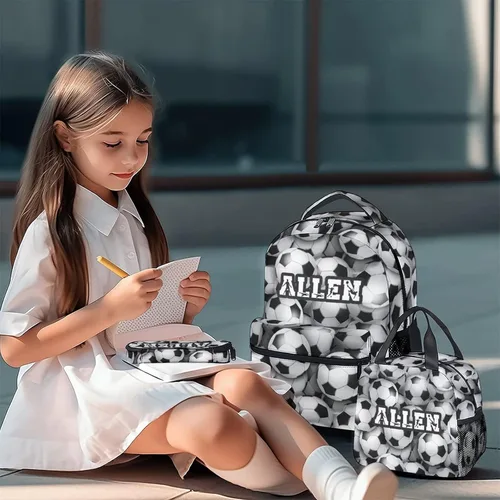 Vista 2 de Mercuryelf Mochila de fútbol personalizada para niños y niñas con juego de lonchera, mochilas de viaje escolar 3 en 1, combo a juego, bolsa ligera