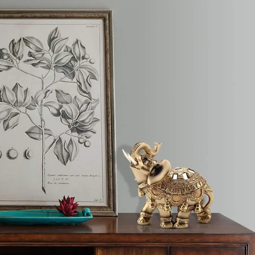 Vista 6 de Estatua de elefante dorado 5.5 Feng Shui, elefante tailandés con tronco hacia arriba, escultura coleccionable, decoración de riqueza para el hogar