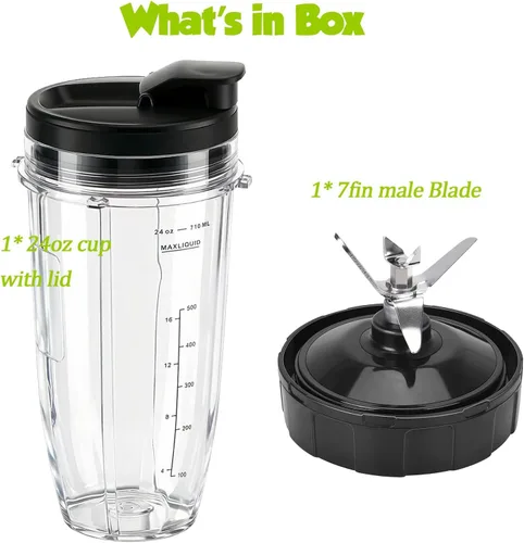 Vista 7 de Cuchilla macho de repuesto de 7 aletas y vaso de licuadora de 24 onzas con tapa compatible con Nutri Ninja Blender